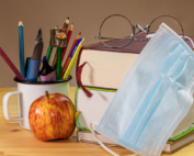 books, apples, pencil and mask